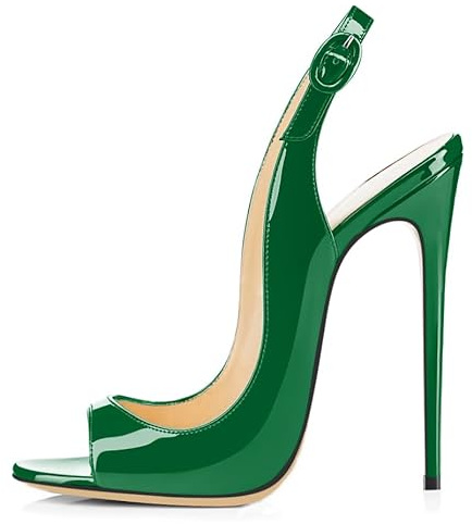 Mettesally Sandales à Talons Hauts Femme Talon Aiguille Vert 12cm Cuir Vernis Peep-toe Sangle Escarpins Femme Slingback Arrière Ajustable Sandales de Soirée Mode Été Élégant Lustré 39