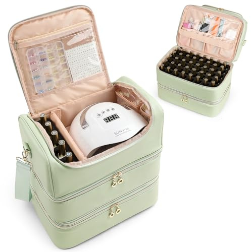 Uross Nagellack Organizer für 90 Nagellackflaschen und 1 LED-Nagellampe, Extra large Nagellack Aufbewahrung Tasche für Nageldesign Zubehör（Grün)
