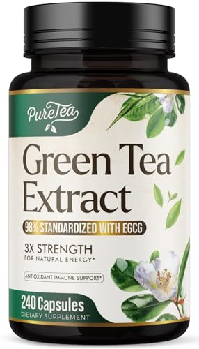 Green Tea Extract 1000mg Per Serving - 98% Polyphenols & 45% EGCG Capsules, Heart Support with Antioxidants - 3X Absorption Green Tea Pills Supplement, Natural Energy, Gentle Caffeine - 240 Capsules