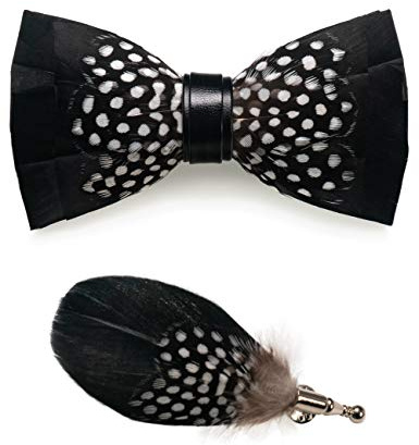 RBOCOTT Mens Handmade Feather Pre-tied Bow tie and Brooch Sets (black/white)