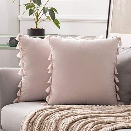 MIULEE Velvet Tasseled Cushion Covers Bohemian Indian Embroidered Decorative Square Throw Pillow Case Pillowcases for Couch Livingroom Sofa Bed with Invisible Zipper 18x18 inch 45x45cm 2 Pieces Pink