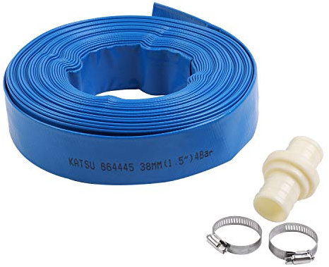 KATSU Layflat Discharge Hose Pipe 20m x 38mm 1-1/2 Inch Diameter with 2 Clips and Quick Coupler Connector, Fits Submersible & Other Water Pumps for Draining Pond, Garden Irrigation, Hot Tub, Pool