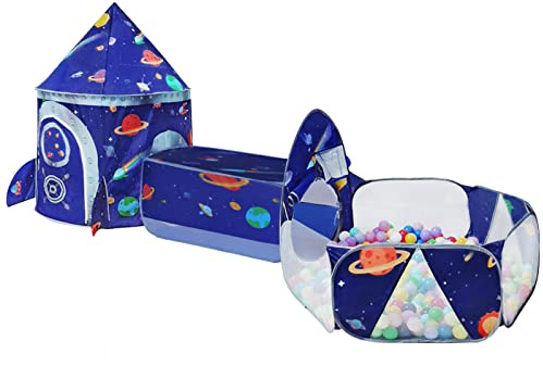 TTLOJ Gift 3pc Rocket Ship Kids Play Tent, Ball Pit, Crawl Tunnel, Toddlers Playhouse Castle Toys, Baby Boys Girls Gift for 3 4 5 6 7 Year Old, Outdoor Indoor(Balls Not Included)