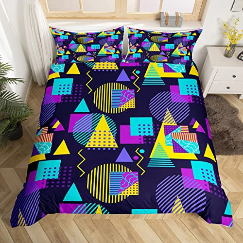 Memphis Stil Spannbettlaken Trippy Retro Geometrisches Bettwäsche Set 140 x 200 für Kinder Teenager Erwachsene Dreieck Kreis Quadratisch Spannbettlaken Abstrakte Kunst Raumdekor