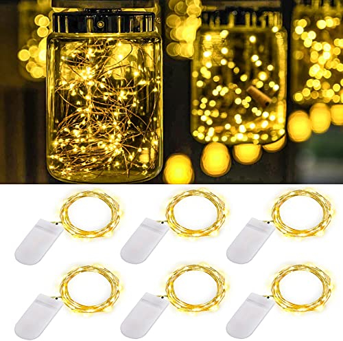 ooklee® Starry Fairy Lights Battery Operated, 6-Pack 2m 20 LED Copper Wire Bottle Light, Firefly String Decorative Lighting for Home Table Party Wedding Indoor Jar Garden Christmas Decor(Warm White)