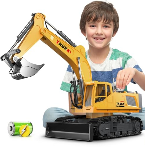 KIDMARKT 21 Large Remote Control Excavator Toy with Metal Bucket & Dozer Blade, 15-Channel RC Excavator Toys for Boys 6+ Kids Adults Construction Vehicles Birthday Gift, 120+Mins/Spray/Sound/Light