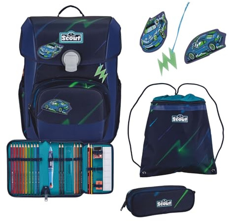 SCOUT Der echte sicherer Schulranzen, Neo Exklusiv Superflash City Lights Set 4-teilig, ca. 21,5 l Volumen, ca. 1.250 g Gewicht (ohne abnehmbare Elemente)