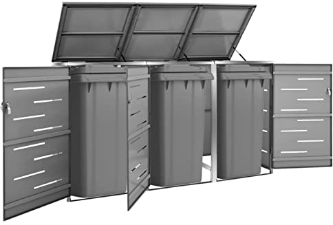 SECOLI mülltonnenbox 3 tonnen 3er mülltonnenbox mülltonnenbox 3er 240l mülltonnenbox Metall Abschließbar Edelstahl-Anthrazit-3 Tonnen-207x77,5x115 cm