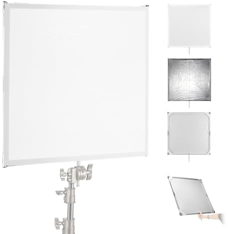 NEEWER Panel de Difusión de Luz Kit con Película Reflectora Plateada/Blanca 75*75cm Marco Plegable con 5/8 Pins Mango para Soporte C Difusor 3 en 1 para Fotografía Producto Retrato Estudio, SF7575F