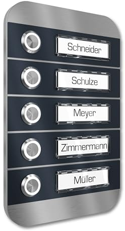 Graviers Design Sonnette de porte apparente pour plusieurs familles avec bouton-poussoir LED 5 plaques nominatives - inox V2A 140x220 mm - éclairage du nom au choix pour d'entrée maison