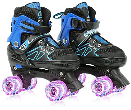 MUL-BOUTIQUE Schlittschuhe, Inlineskates für Kinder, Jungen, klassisch, für Anfänger, verstellbare Quad-Rollschuhe mit beleuchteten Rädern (Blau, Schwarz, S)