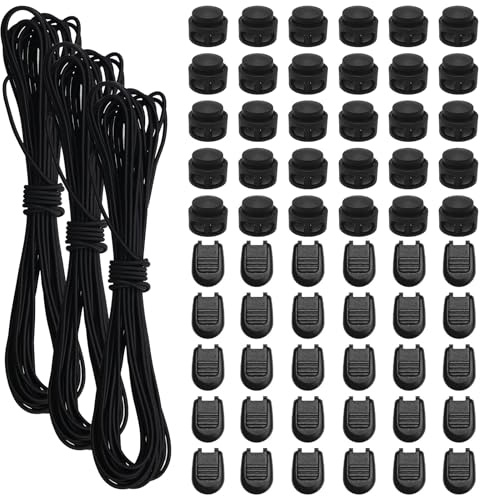 BEELUKY 3 stycken gummirep 10 m expanderrep 3 mm elastiskt gummisnöre med 30 snörstopp, 30 sladdklämmor, svart, gummisnodd för dragsko, ryggsäck, tvättlina, skosnören, camping