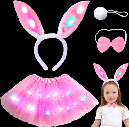 G.C LED Lumineux Déguisement Lapin avec Serre-tête Oreilles de Lapin Tutu Jupe Noeud Papillon Animaux Cosplay Déguisement Pâques Halloween Carnaval Costume pour Enfant Fille