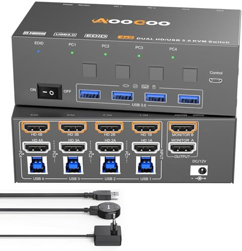 Switch KVM per 4 computer e 2 monitor 8K a 60 Hz/4K a 144 Hz, doppi monitor, switch KVM HDMI con funzione EDID, telecomando cablato, alimentatore e cavo USB 3.0 inclusi