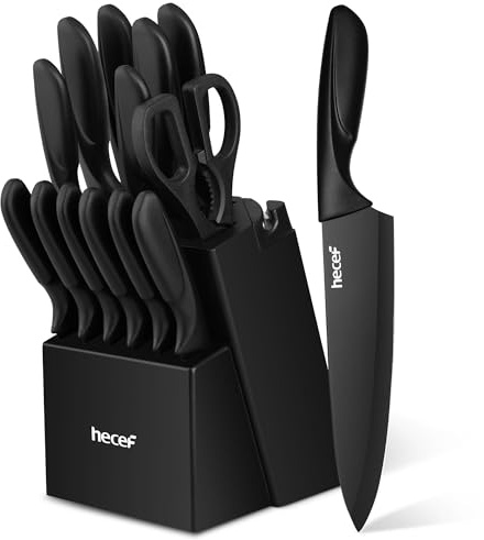 hecef Set de Cuchillos de Cocina 14 Piezas Negro, Acero Inoxidable Antiadherente, Mango Ergonómico, Lavable en Lavavajillas, Bloque Madera con Afilador Integrado, Ideal para Principiantes y Uso Diario
