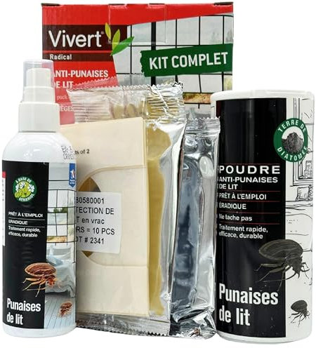 Kit Complet Punaises de Lit – Traitement Choc Anti-Punaise Puissant et Efficace – Spray Insecticide au Géraniol, Poudre Insecticide, Pièges de Détection, Protections de Lit, Guide Inclus