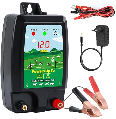 Hengrongshen Cloture Electrique 12V avec Affichage LED, Électrificateur de Clôture Électrique pour Chiens Bovins Moutons Chevaux Animaux, Sortie 2J Haute Puissance Portée jusqu’à 10KM