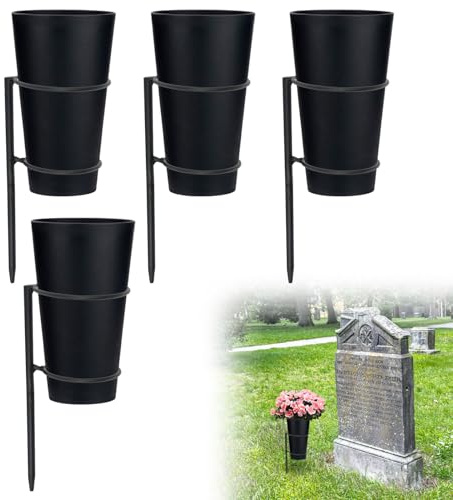 Metal Grave Vase Flower Holder with Spikes Metal Cemetery Vase Flower Holder in ground Decoration with Floral Foam Black for Memorial Markers, Graveside Decor Sign for Outdoor Yard Lawn