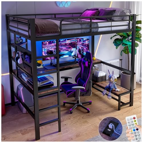 Lubvtti Cama alta 90x200, con escritorio, toma USB+TYPE-C, tira LED, estantes, panel perforado, cama apilable para niños, estructura de cama infantil de hierro (B-Negro)