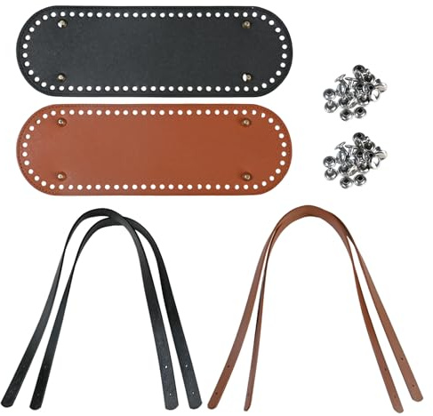 2 Pezzi Fondi per Borse Uncinetto e Manici per Borse Uncinetto, Ovale Fondo Borsa, Manici Borsa in Pelle PU, DIY Accessori Uncinetto Kit Fai Da Te, per Borsetta Tote, Marrone Nero