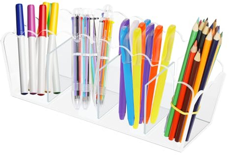QoTang Pot à Crayon en Acrylique, Transparent Organisateur de Bureau avec 4 Compartiments,Rangement Pinceaux Maquillage Rangement Stylo,Pour Papeterie Maquillage L'artisanat(26 × 11 × 7 cm)
