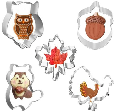 HABNI 5 Piezas Juego De Cortadores De Galletas De Acción De Gracias Búho Pavo Hoja De Arce Piña Ardilla Cortadores De Galletas De Acero Inoxidable Para Acción De Gracias