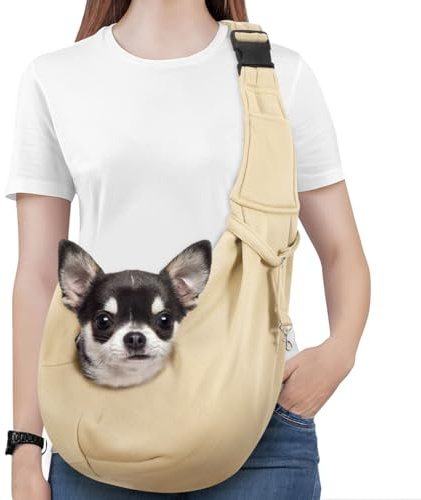 Pawaboo Small Dog Sling Carrier,for 3-10 lbs Pets, Light Khaki | Reversible Hands Free,Safety Buckle,Storage Pocket,Machine Washable for Travel Outdoor Activities
