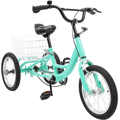 WFIETN – 16 tums barntrehjuling, 3-hjulingar barncyklar med stor korg, Single Speed cykel trehjuling med korg för flickor pojkar 7–10 år gammal (blekgrön)