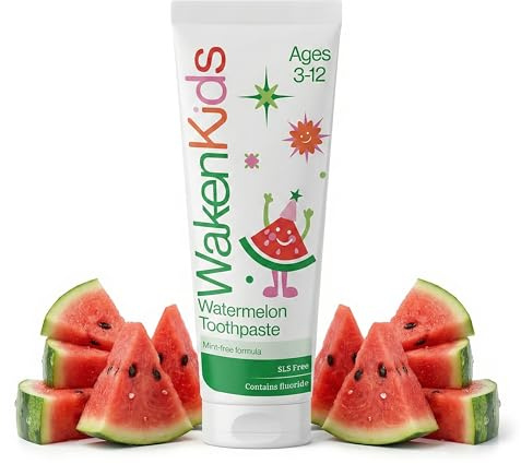 Waken Kids Toothpaste, Watermelon Fluoride Tooth Paste, SLS Free, Mint-Free, Gentle Flavoured Toothpaste for Children 3–12, Low-Foaming & Vegan-Friendly, 75ml