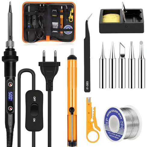 Kit Saldatore 80W LCD, Temperatura Regolabile 180-520°C, Stazione di Saldatura con 5 Punte, Pompa Dissaldante, 50g Filo di Stagno, Pinzetta e Supporto, Strumento per Riparazione Elettronica e DIY