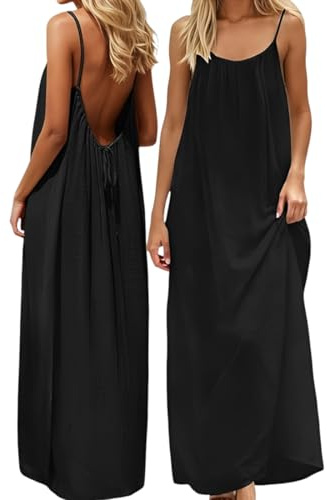 Vestido de Verano para Mujer sin Espalda Casual Sueltos Color Sólido Vestidos Largo Elegante Vestido Maxi de Tirantes Finos sin Manga Ligero Fresco Bohemio Vestidos Amplio para Playa Vacaciones