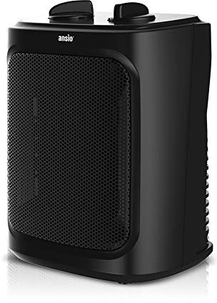 ANSIO 2000W Ceramic Portable Space Mini Electric PTC Fan Heater - 2 Heat Settings & Fan-Only Mode, Adjustable Thermostat, Safety Cut-Off, Overheat & Tip-Over Protection - Black