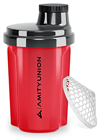 AMITYUNION Shaker per proteine 300 ml Heaven a prova di perdite, senza BPA con setaccio cliccabile e scala per frullati cremosi di siero di latte, shaker per proteine, originale in Rosso nero