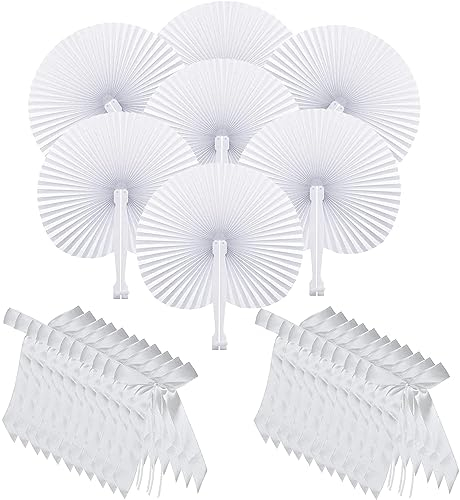 XCMVCN 96 Stück Hochzeitsdeko Set Inklusive Schleifen und Handfächer Weiß, Antennenschleifen Autoschleifen mit Faltbar Hand Fächer für Gast-Geschenk Kommunion Hochzeit Party - DIY und Deko-Spaß