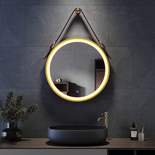 ELEGANT Round Bathroom Mirror with Lights Gold Frame Leather Strap Illuminated Bathroom LED Mirror with Demister, Touch Sensor Switch Large Circle Wall Mounted Vanity Mirror 600 X 600mm