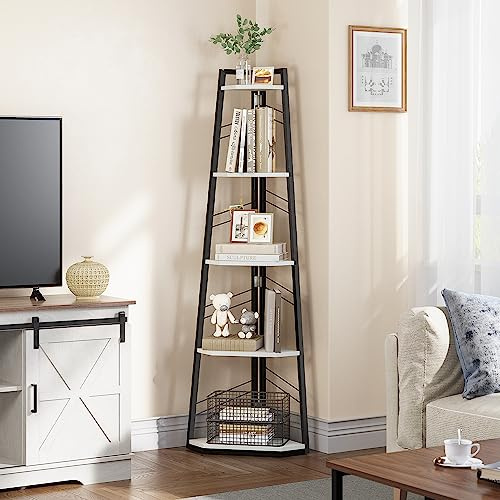 YITAHOME Libreria ad angolo a 5 livelli - Libreria a scala industriale a pianta libera, moderna libreria aperta in legno per soggiorno, ingresso, ufficio domestico, bianco