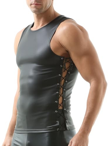 QiaTi Débardeur en Cuir pour Homme - sans Manches - Col Rond - en Cuir synthétique - pour la Danse Rave