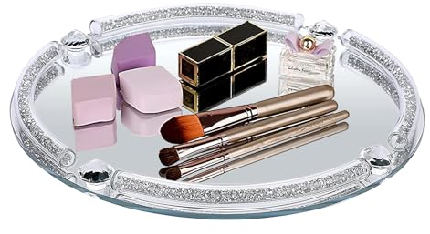 HYEIOL Spiegeltablett, 25cm Schminktisch Tablett Deko, Badezimmer Tablett, Tablett Dekotablett, Schmuck Kosmetik Organizer für Badezimmer Schminktisch, Crystal Mirrored Tray (Silber)