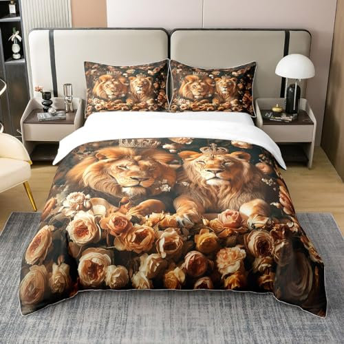 Dreamy Rose Lion Couple 100% Cotton Duvet Cover Single Size Garden Pink Retro Flowers Romantic Bedding Set for Kids Teens Adults Women 3D Wild Animal Gold Crown Print Quilt Cover with 1 Pillowcase