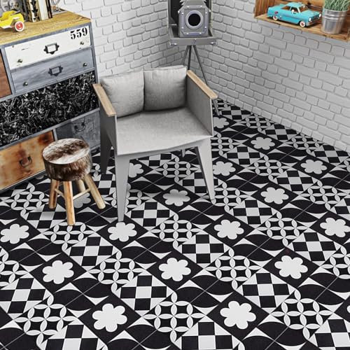 Floor Tiles Self Adhesive Vinyl Flooring, Bathroom Waterproof Peel and Stick Floor Tiles Stick on Kitchen Living Room Black White PVC Material 30X30cm 20pcs 1mm