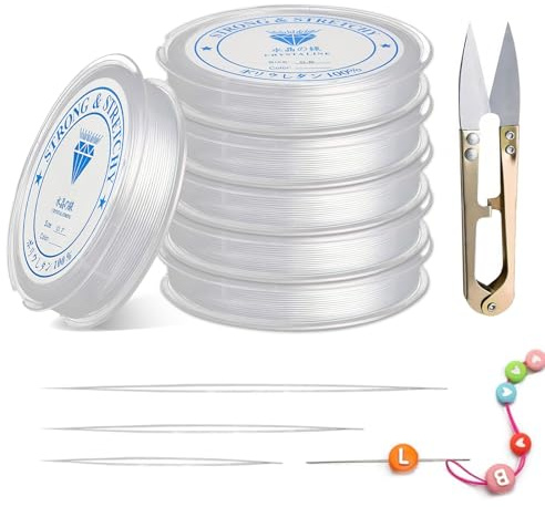 6 Pcs Fil Élastique Transparent pour Bracelets, Elastique Bracelet avec Aiguille à Perles, pour Fabrication de Bracelet Bijoux Perle Collier Artisanat (0.4mm 0.5mm 0.6mm 0.7mm 0.8mm 1.0mm)