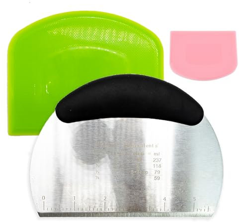 Set di 2 raschietti per pasta in acciaio inox e plastica, strumento da cucina con scala di misurazione, con 1 raschietto in plastica rosa