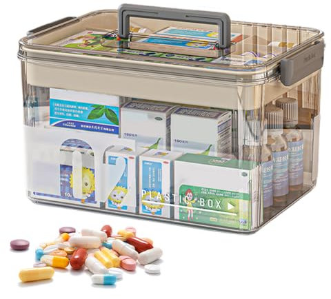 WAVATA Medikamenten Aufbewahrung, Groß Medikamentenbox, Doppelschichtig Medikamenten Organizer, Hausapotheke Box mit Griffe, Medizinbox für Zuhause, 29x21x17cm (Grau)