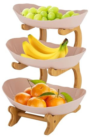 DIFU Obst Etagere 3 Stöckig mit Bambus-Ständer, Kunststoffe Obstschale, Obstkorb & Servierteller für Küche, Gemüse, Snacks & Süßigkeiten – Dekorative Aufbewahrung für Obst & Kuchen (Beige)