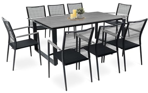 di volio Gartenmöbel PREZZA, langlebiges Gartenmöbel-Set für 6-8 Personen - Esstisch & 8 Stühle, Kunstholz & Aluminium, stapelbare und Bequeme Stühle (8+1)