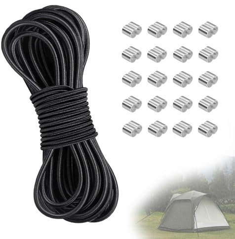 10M x 4MM Corde en Caoutchouc Noir, Cordon Elastique Rond Ficelle Élastique Solide, Corde Extensible en Caoutchouc, Corde Elastique pour Bache, Manchon en Aluminium à Double Trou
