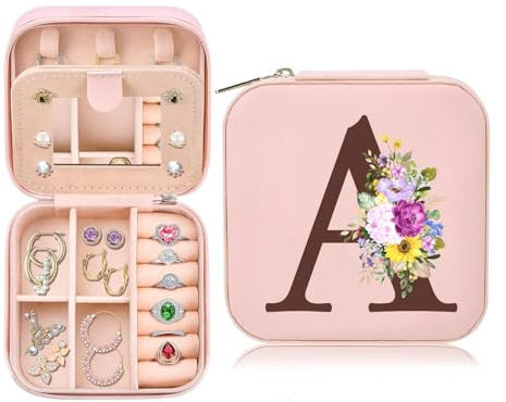 Toozen Joyero con Nombre Inicial A joyero Pequeña Portátil Joyero Viaje con Espejo Mini Joyero Personalizado Organizador de Joyas para Mujer Niña Regalo de Cumpleaños Día de la Madre Navidad Rosa