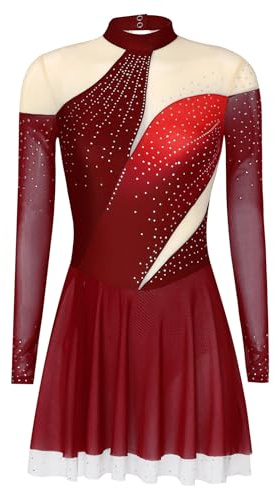 Oyolan Femme Robe Patinage Artistique Danse Justaucorps Manches Longues Strass Robe Danse sur Glace Body Gymnastique Couleur Dégradée
