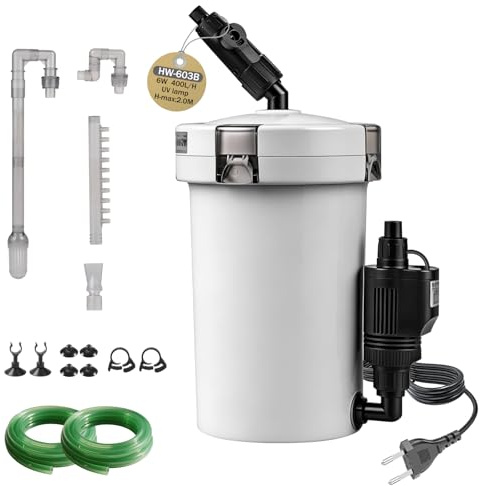 EXLECO Filtro Esterno Acquario 400L/H 6W Pompa Filtro Acquari Regolabile Filtrazione a Filtri Acquario con Materiale Filtrante e Tubo Aria per Acquari Fino a 150 Litri HW-603B