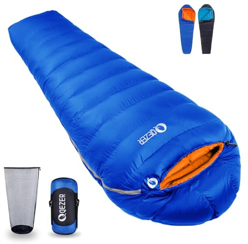 QEZER Sacco a pelo in piuma, sacco a pelo invernale 7℃ ~ -8 ℃~-24℃ 【1.46-2.32 kg】leggero,caldo, piumino di alta qualità 600+ FP, per campeggio,escursionismo, alpinismo e viaggi (Blu reale 7℃)